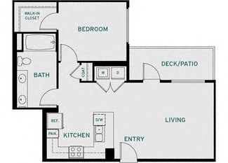Floor plan for 1 bed, 1 bath, 771 sqft